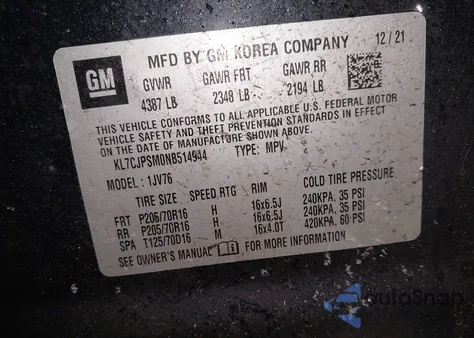 2022 Chevrolet Trax Awd Lt from USA, damaged, VIN KL7CJPSM0NB514944